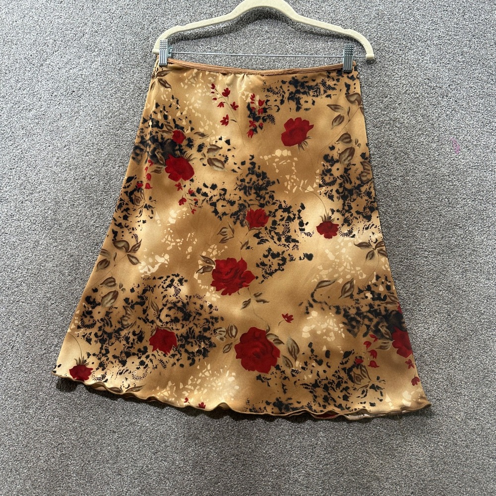 Wrapper Vintage Y2K Floral Midi Skirt Tan Red Black Lettuce Hem Large Romantic
